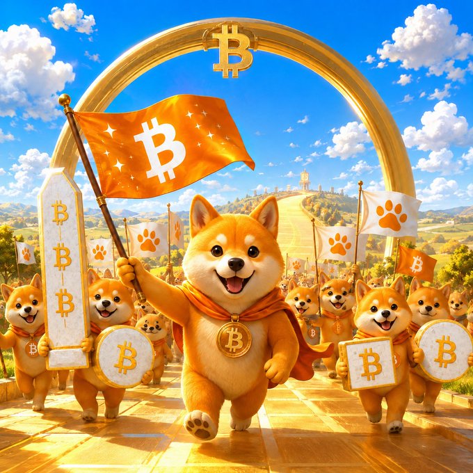 A digital illustration shows a group of cartoon Shiba Inu dogs marching heroically beneath a golden Bitcoin archway, with the lead dog wearing a Bitcoin medallion and waving an orange flag bearing the '₿' symbol.