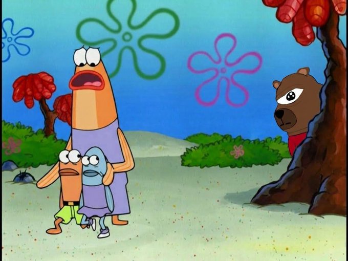 A fish family in Bikini Bottom walks cautiously away while a grumpy bear lurks behind a tree in a SpongeBob SquarePants scene, evoking the "bear market" sentiment referenced by the ticker $ANSEM.