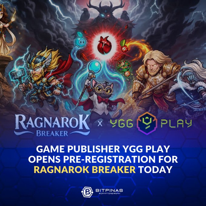 The image features a poster promoting a wave survival action-packed roguelike game called "Ragnarok". The poster includes a graphic of three powerful dragon characters with wings spread wide. It also showcases a graphic of various game characters engaged in combat, depicting the action and gameplay elements of the game. In addition to these visuals, there is text on the poster promoting pre-registering for an upcoming release of "Ragnarok" by the game publisher, BitPinas. The poster provides valuable information about the registration process and rewards available for gamers who pre-register for this new game release.