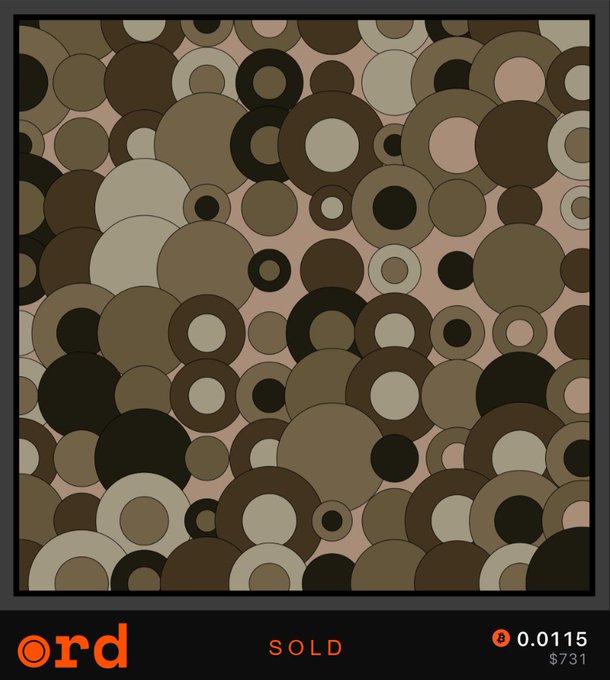 An abstract digital artwork composed of overlapping brown and beige circles of varying sizes fills the frame, displayed on the Ord marketplace where it is marked as "SOLD" for 0.0115 BTC ($731). The piece, titled "Nakamoto Archives (Cursed)," represents one of the Bitcoin-art collectibles available through the Ordinals protocol.