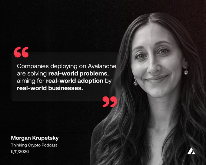The image features a woman with long hair wearing earrings smiling at the camera. The caption below her photo reads, "Companies deploying on Avalanche are solving real-world problems, aiming for real-world adoption by real-world businesses."