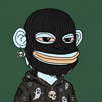 A cartoon illustration of a monkey character wearing a black ski mask, a black hoodie patterned with skulls and ghosts, and a gold skull pendant necklace.