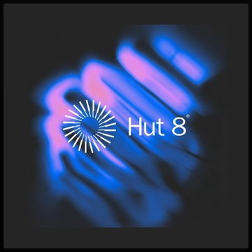 The image displays the Hut 8 logo, featuring a stylized white circular sunburst emblem alongside the text "Hut 8®," set against a blurred dark blue background with streaking light effects. The post references Hut 8's stock decline following a Q2 revenue miss and CEO comments on its 8.7 GW development pipeline and American Bitcoin partnership.