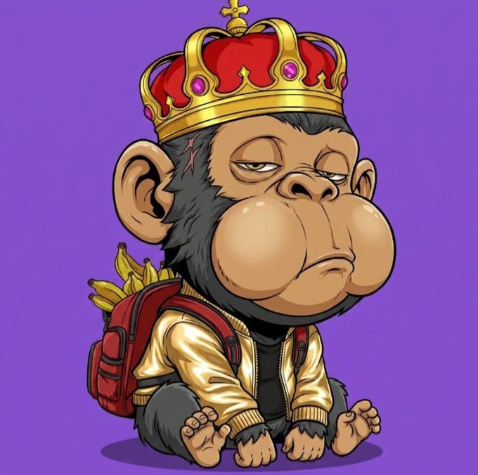 A digital illustration of a bored-looking monkey wearing a gold crown, gold jacket, and red backpack, with a banana sticking out, set against a purple background.