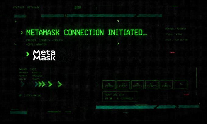 A retro-style green digital interface displaying '> METAMASK CONNECTION INITIATED_' along with partner identity verified and access granted messages.