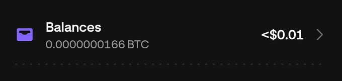 The image shows a “Balances” entry with **0.0000000166 BTC**, valued at **<$0.01**. It illustrates the post claiming to share the user’s actual Bitcoin holdings.