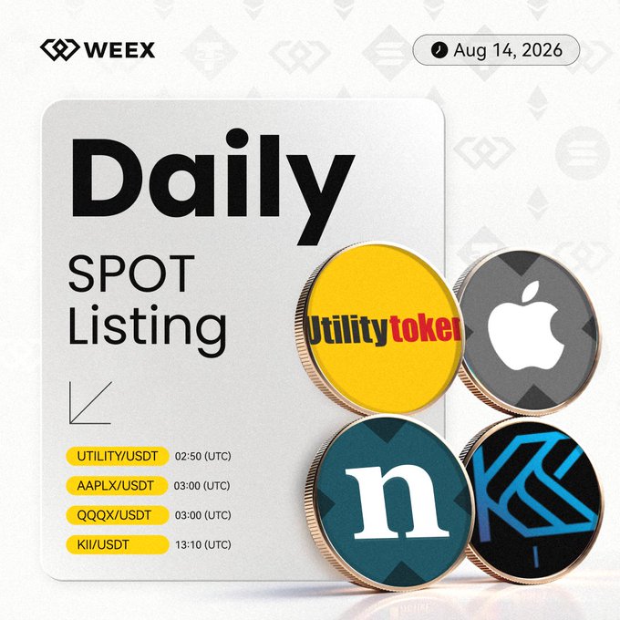WEEX's Daily Spot Listing announcement for August 14, 2026, highlighting four new trading pairs: UTILITY/USDT, AAPLX/USDT, QQQX/USDT, and KII/USDT, alongside coin graphics displaying "utility token," Apple, "n," and other logos.