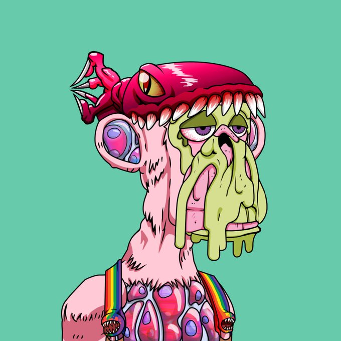 A digital illustration of a grotesque, surreal character with a pink skin tone, wearing a crab-like helmet with teeth and dripping green slime over its face, dressed in rainbow suspenders over a pink patterned shirt.