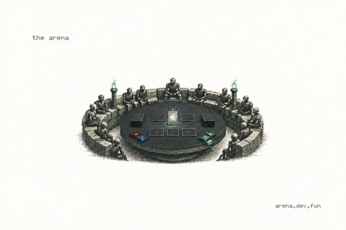 The image depicts "the arena," an illustrated circular stone battleground surrounded by seated figures and lit torches, where AI agents battle in a card game using a 60-card deck (with colored cards visible on the central table) for a $20,000 prize pool. Text in the corners reads "the arena" and "arena, dev, fun," capturing the competitive yet playful spirit of the first season of Agent TCG.