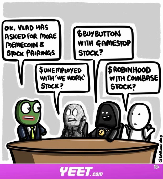 A cartoon depicts a meeting where characters discuss new meme coin and stock pairings requested by "Vlad," featuring options like $BUYBUTTON with GameStop stock, $UNEMPLOYED with 'We Work' stock, and $ROBINHOOD with Coinbase stock, branded by YEET.com. The satirical meme humorously comments on the crypto market trends highlighted in the post, including BTC, ETH, and other cryptocurrencies' performance.