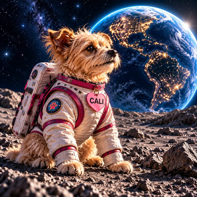 A small dog named 'CALI' wearing a white and pink spacesuit sits on a rocky lunar-like surface with Earth visible in the background.
