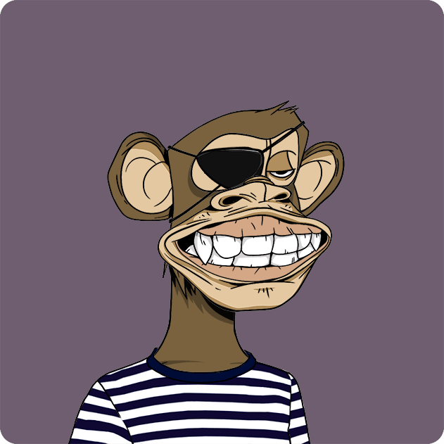 A cartoon illustration of a monkey character with a wide grin, an eye patch, and a striped shirt against a solid purple background.