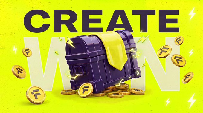 A vibrant yellow promotional graphic with bold 'CREATE WIN' text, featuring a treasure chest overflowing with gold coins marked with the letter 'F' and lightning bolt accents.