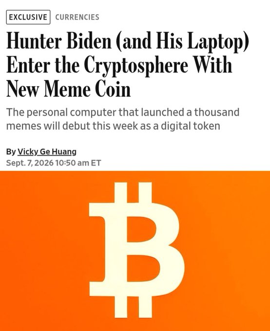 A news article headline reading 'Hunter Biden (and His Laptop) Enter the Cryptosphere With New Meme Coin' over a large Bitcoin 'B' logo on an orange background.