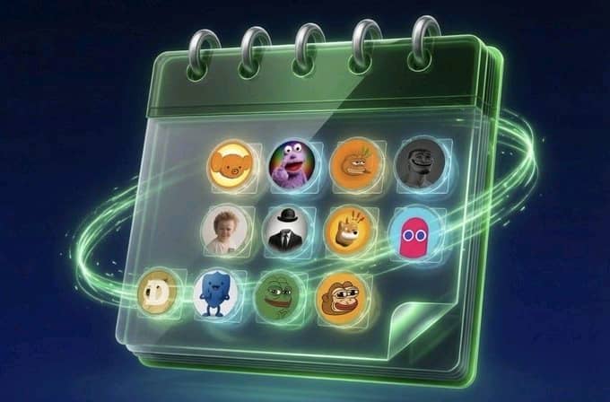 A glossy, calendar-style graphic displays a grid of 12 popular meme coin mascots—including Dogecoin, Shiba Inu, Pepe, Floki, Milady, and others—with no visible text or ticker symbols, set against a glowing green swoosh that ties directly into the post's theme of a weekly meme coin "crown" and invites viewers to pick their favorite contender.