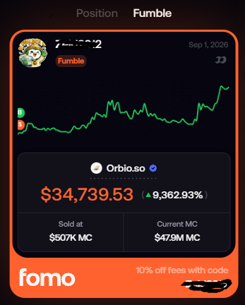 A 'Famo' app screenshot showing a 'Fumble' position with a 9,362.93% gain to $34,739.53, featuring the Orb.io.so ticker and a promotional code for 10% off fees.