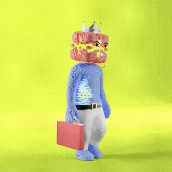 A blue-furred figure with a patterned, crown-topped head stands against a bright yellow background while holding a red briefcase, visually representing the post's offer to burn OG NFTs in exchange for physical, real-world artwork.