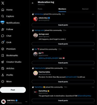 The image shows a Moderation log from the X community "GME BULL" displaying a feed of join notifications, including posts from accounts like Jahela blue, devlogs went, yuv, GameStop, Hooming Aubie, and GameStop wrapping up with a message from @ShareEscapes mentioning "The gaming & trade-in destination."

The screenshot visually supports the post by highlighting that the verified GameStop account (@GameStop) recently joined the GME BULL community, marking what appears to be an unusual instance of GameStop engaging with a memecoin community.