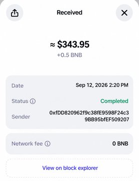 A mobile screen showing a completed crypto transaction receipt for "≈ $343.95" (+0.5 BNB) dated Sep 12, 2026.