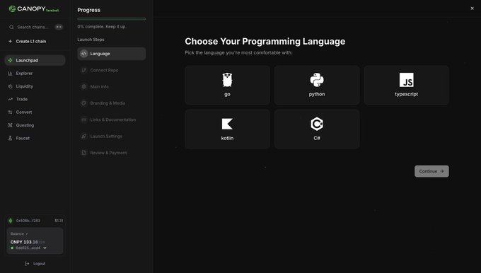 The image shows Canopy's Launchpad language selection screen, prompting users to "Choose Your Programming Language" with options including Go, Python, TypeScript, Kotlin, and C#. Notably, Solidity is absent from the choices, supporting the post's argument that requiring Solidity knowledge has been a barrier to chain launches, and that alternative stacks like these are now viable for building blockchain applications.
