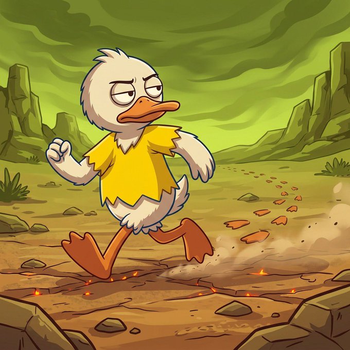 A cartoon illustration of a white duck wearing a yellow shirt, walking across a cracked landscape with green smoke in the background.
