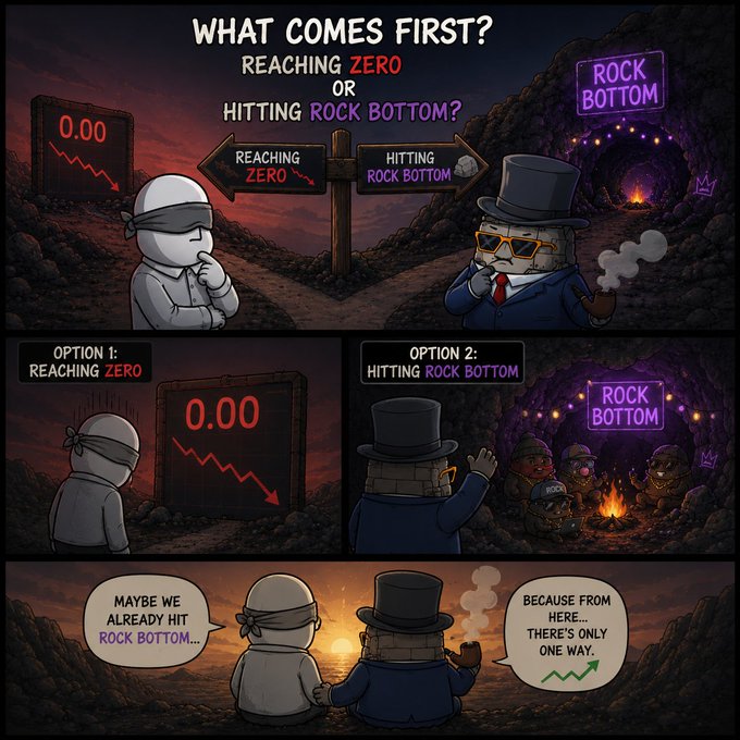 A comic asks "WHAT COMES FIRST?" between "REACHING ZERO" or "HITTING ROCK BOTTOM," concluding that "MAYBE WE ALREADY HIT ROCK BOTTOM... BECAUSE FROM HERE... THERE'S ONLY ONE WAY."