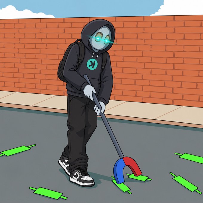 A hooded figure with glowing teal eyes uses a large horseshoe magnet to attract green candlestick charts off the street, symbolizing the bullish momentum expected to pull the $CATE ticker to new all-time highs.