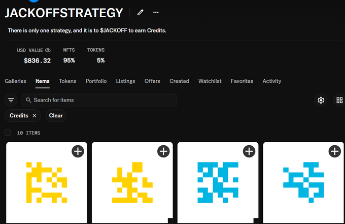 An NFT marketplace profile page for 'JACKOFFSTRATEGY' with a bio stating 'There is only one strategy, and it is to $JACKOFF to earn Credits,' showing a portfolio valued at $836.32 with 10 items displayed as pixel art.