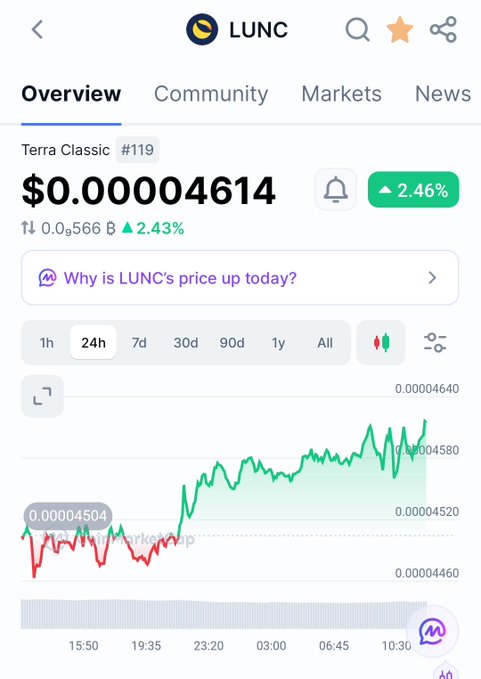 The LUNC token page on a crypto app displays “Terra Classic #119,” a price of “$0.00004614,” a green “2.46%” gain, and a 24-hour price chart.