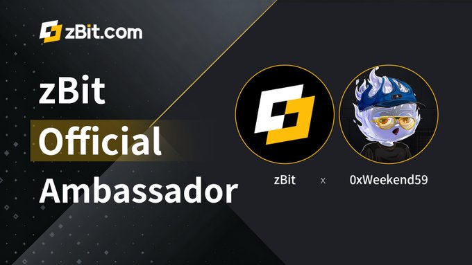 A dark-themed announcement graphic declaring 'zBit Official Ambassador' for '0xWeekend59', featuring the zBit.com logo.