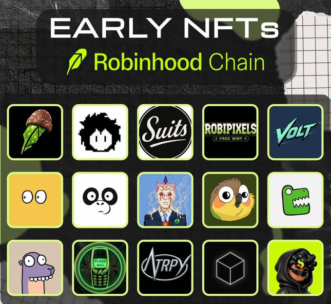 A promotional graphic titled 'EARLY NFTs Robinhood Chain' showcasing a 3x5 grid of various NFT collection logos and artwork, including 'Suits', 'ROBIPIXELS', 'VOLT', and others.