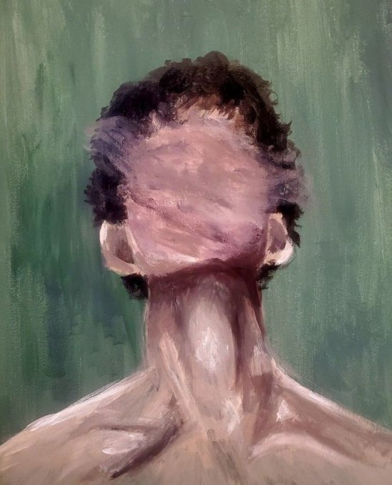 An oil painting depicting the back of a person's head and bare shoulders with dark curly hair, rendered in pinkish and brown tones against a green background.
