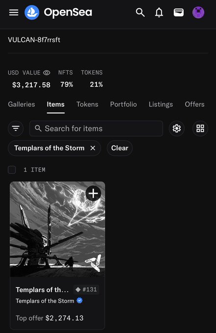 A screenshot of the OpenSea mobile app showing a crypto wallet with the address 'VULCAN-8f7rrsft' containing $3,217.58 in value (79% NFTs, 21% tokens), displaying a single NFT from 'Templars of the Storm' collection #131 with a top offer of $2,274.13.