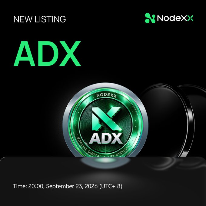 The image is a promotional graphic from NodeXX announcing the new listing of the ADX token, featuring its green "Global Digital Asset Exchange" logo alongside the time "20:00, September 23, 2026 (UTC+8)" to highlight the upcoming launch details referenced in the post.