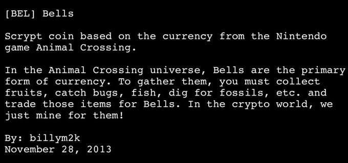 A dark terminal-style screenshot displays a cryptocurrency description for "[BEL] Bells," a coin themed after the Nintendo game Animal Crossing, created by billym2k and dated November 28, 2013.