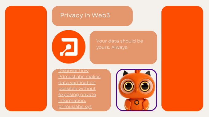 A graphic titled 'Privacy in Web3' with the message 'Your data should be yours. Always.' promoting 'primuslabs.xyz', featuring an orange owl-like character with headphones.