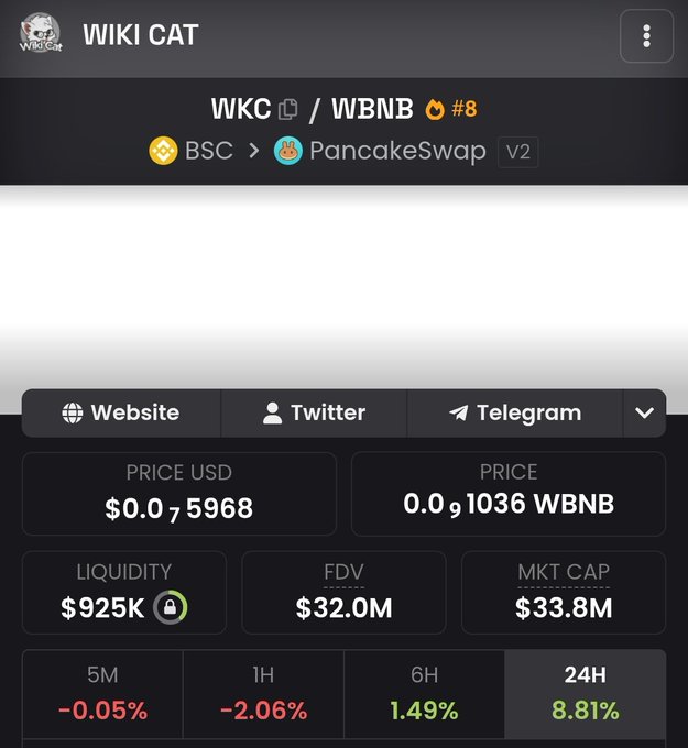 A cryptocurrency tracking page for WKC/WBNB (WIKI CAT) on PancakeSwap V2 showing a price of $0.075968, liquidity of $925k, FDV of $32.0M, and market cap of $33.8M with mixed 24-hour performance.