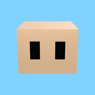 A 3D-rendered beige rectangular block with two black rectangular eyes, resembling a simplified face, set against a light blue background.