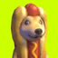 A small, low-resolution image shows a dog wearing a hot dog bun costume with mustard, set against a bright green background.
