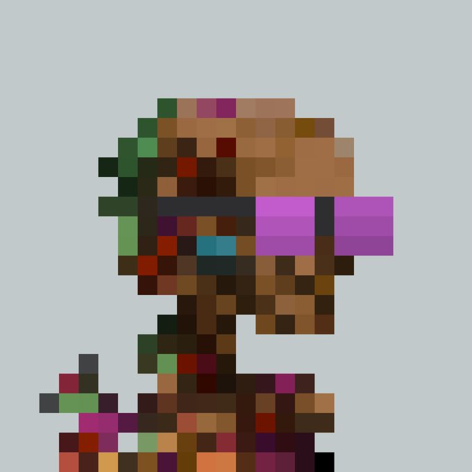 A highly pixelated, low-resolution image showing a figure wearing a helmet with a pink/purple visor against a light blue background.