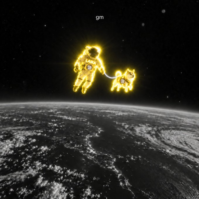 A digital artwork showing a glowing yellow astronaut and a glowing yellow cat floating in space above Earth, connected by a leash, with the text 'gm' at the top.