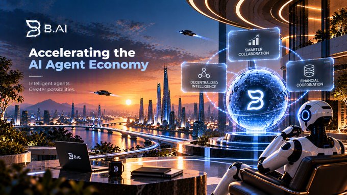 A futuristic promotional banner for B.AI with the tagline 'Accelerating the AI Agent Economy' and 'Intelligent agents. Greater possibilities.', featuring a humanoid robot, a digital globe, and floating panels labeled 'DECENTRALIZED INTELLIGENCE', 'SMARTER COLLABORATION', and 'FINANCIAL COORDINATION'.