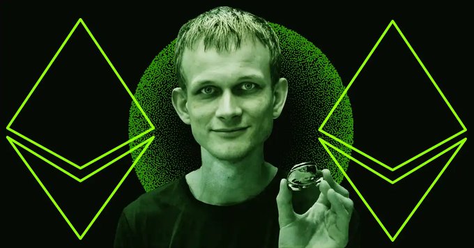 The image features Vitalik Buterin holding up an Ethereum logo coin, set against a black background with green Ethereum diamond symbols on either side, visually representing his role as a co-founder of Ethereum and tying into the post's reference to his five goals for the Ethereum network, including its censorship resistance as a "freedom chain."