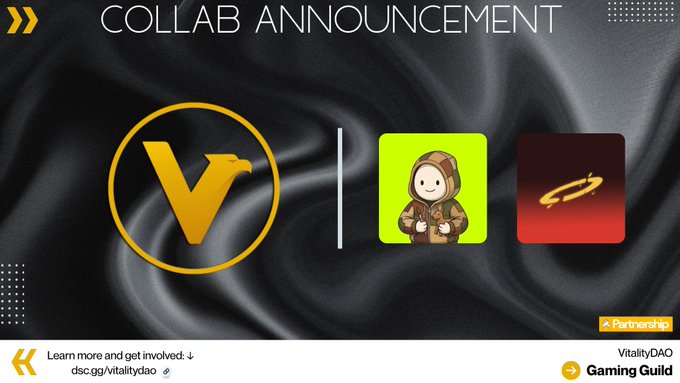 A collaboration announcement graphic featuring the logos of VitalityDAO, a hooded figure mascot, and Gaming Guild on a dark, silky background.
