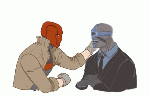 The image features two men sitting at a table, with one man wearing a red mask and the other wearing a suit and tie. The man in the suit and tie has his hand on the other man's face, who is wearing a mask that covers most of his face except for his eyes. They are both looking directly at each other, creating an intense atmosphere between them.