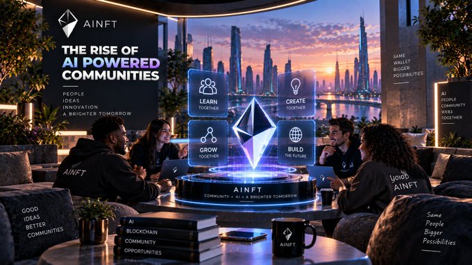 A promotional graphic titled 'THE RISE OF AI POWERED COMMUNITIES' by AINFT, showing people gathered around a holographic Ethereum logo displaying 'LEARN TOGETHER,' 'CREATE TOGETHER,' 'GROW TOGETHER,' and 'BUILD THE FUTURE,' with text including 'PEOPLE IDEAS INNOVATION A BRIGHTER TOMORROW.'