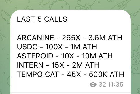 An image showing a "LAST 5 CALLS" list featuring ticker symbols ARCANINE (265X, 3.6M ATH), USDC (100X, 1M ATH), ASTEROID (10X, 10M ATH), INTERN (15X, 2M ATH), and TEMPO CAT (45X, 500K ATH), with a timestamp of 32 11:35, highlighting the caller's track record of successful crypto predictions shared in the t.me/cultureplays channel mentioned in the post.