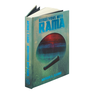 A three-quarter view of the book 'Rendezvous with Rama' by Arthur C. Clarke, featuring a dark, abstract cover design.