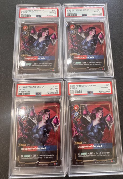 Four PSA 10 Gem Mint graded copies of "Kaisa - Daughter of the Void" from the 2025 Riftbound OGN English set, showcasing the speculative trading card market hype referenced in the crypto comparison.