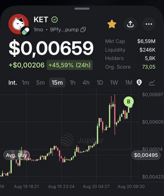 A crypto chart shows KET trading at $0.000659 with a +45.59% (24h) gain, displaying a candlestick graph with an "Avg. Buy" marker at $0.00495, supporting the post's claim of a profitable entry point and bullish outlook toward a $1 billion market cap.